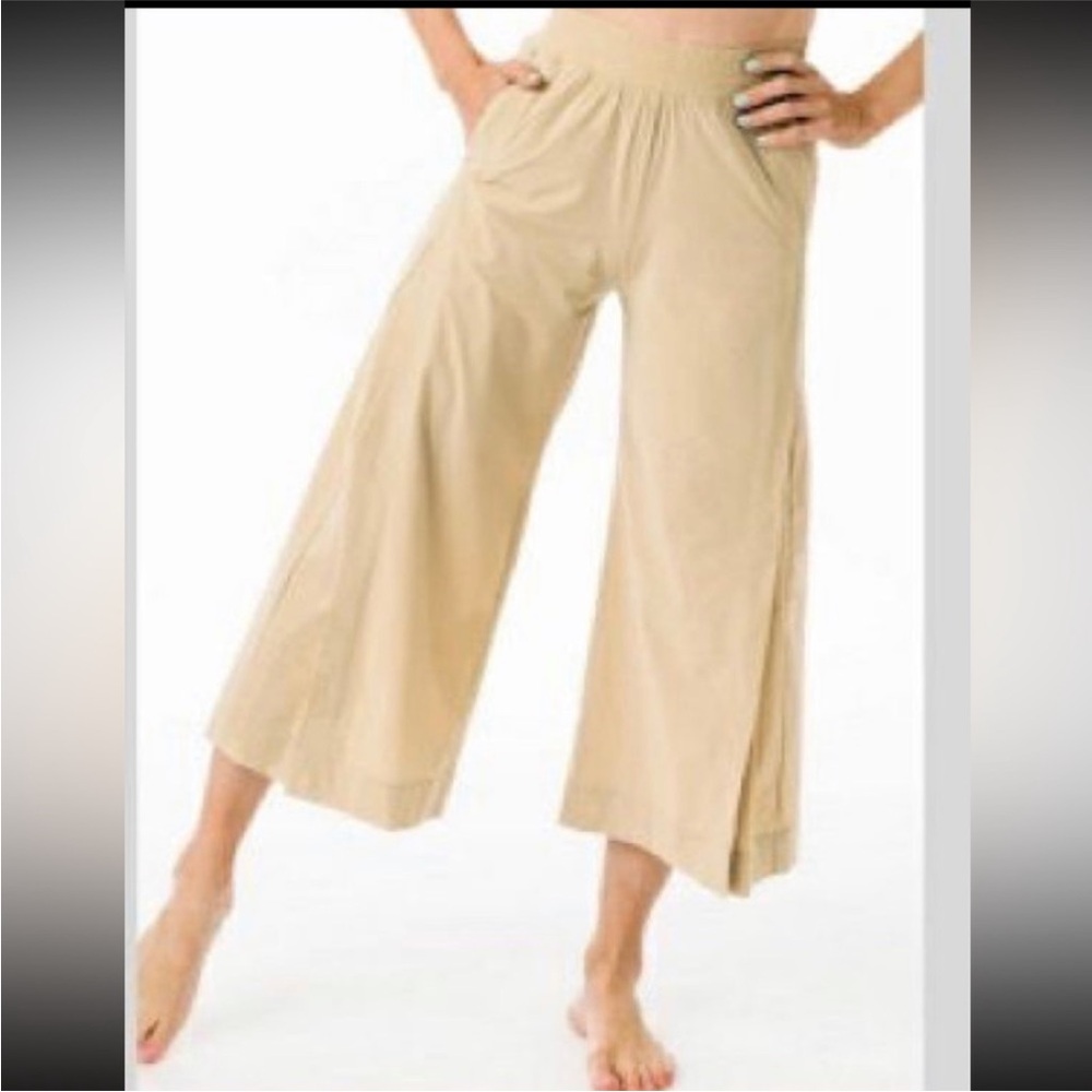 Zyia Active Work Flow Wide Leg High Rise Cropped Pants: Khaki Tan
